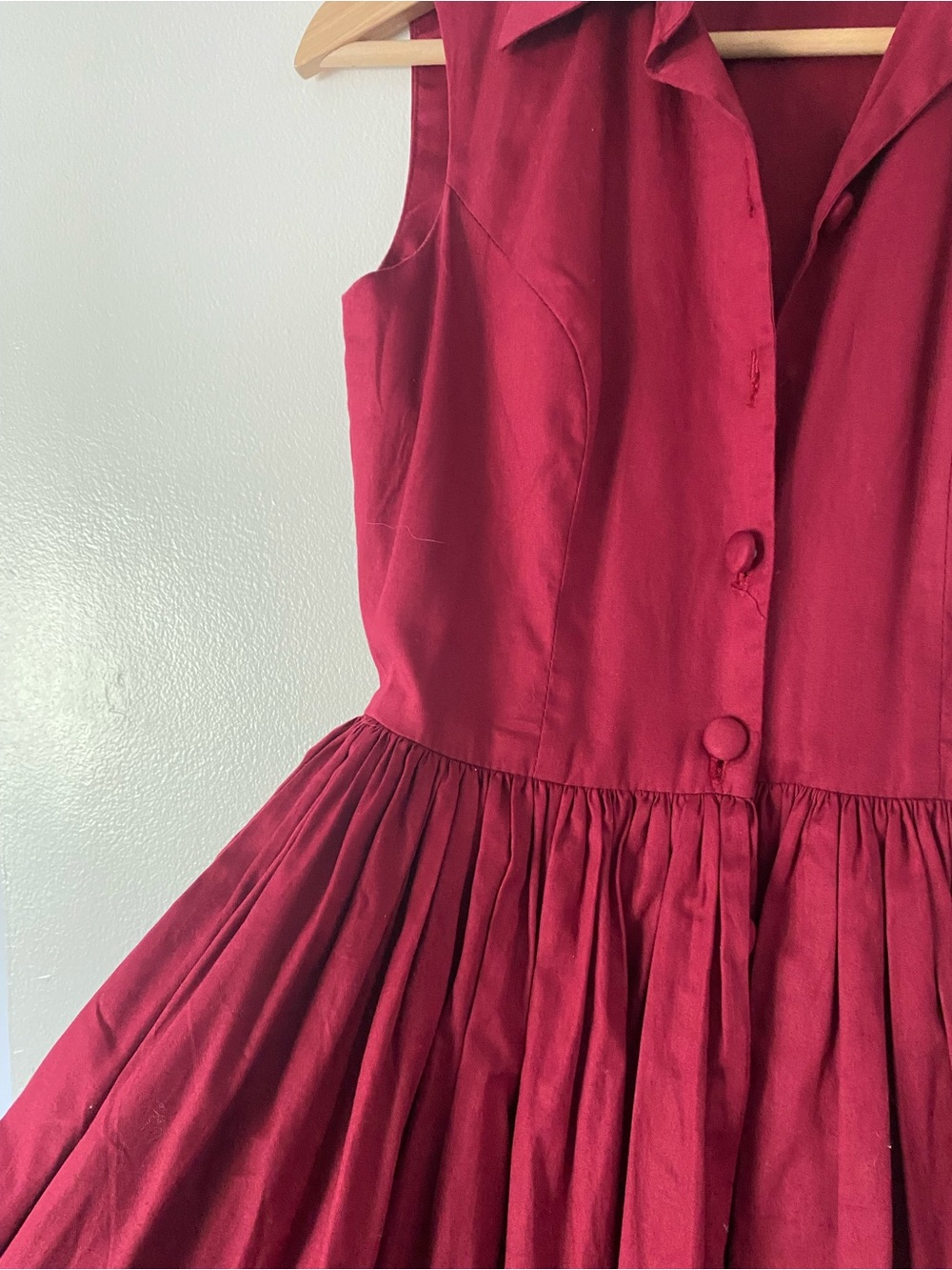 Sleeveless Collared FULL Gathered Skirt Dress in Burgundy, 100% Cotton